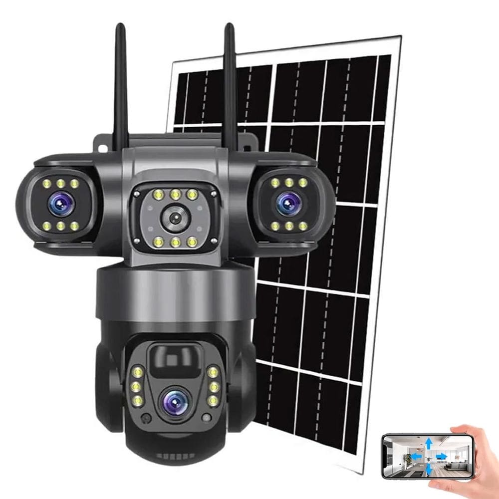 Camera de Segurança Placa Solar Wifi Lente Tripla 360 Graus HD Sensor Movimento Visao Noturna Vigilancia Panoramica