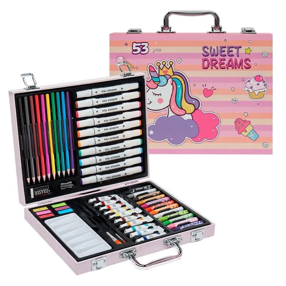 Maleta de Pintura Infantil Criança Estojo 53 Peças Lapis de Cor Pincel Tinta Pintura