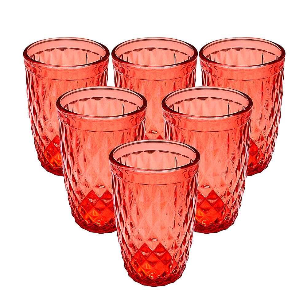 Jogo C/ 6 Copos de Vidro 360ml Vermelho P/ Suco Agua Refrigerante Bebidas Drink