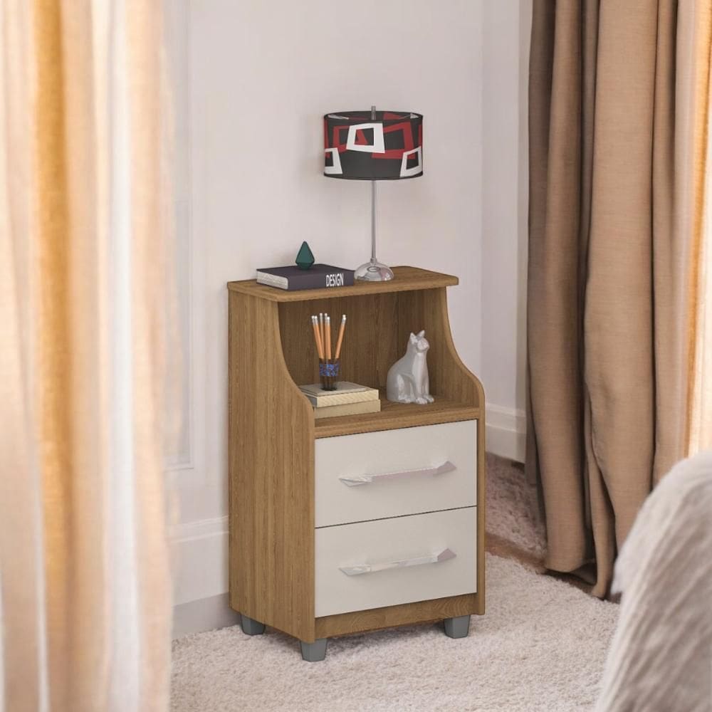 Mesa de Cabeceira com 02 Gavetas Quebéc Freijó e Off White