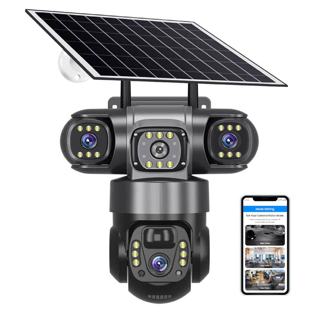 Camera de Segurança Placa Solar Lente Tripla WiFi HD 360 Graus Sensor Presença Visao Noturna Panoramica Residencial