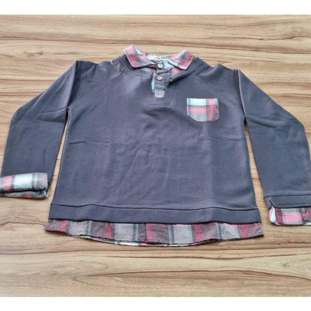 Blusa Infantil Inverno Masculina Só Brincar Cinza Xadrez 10