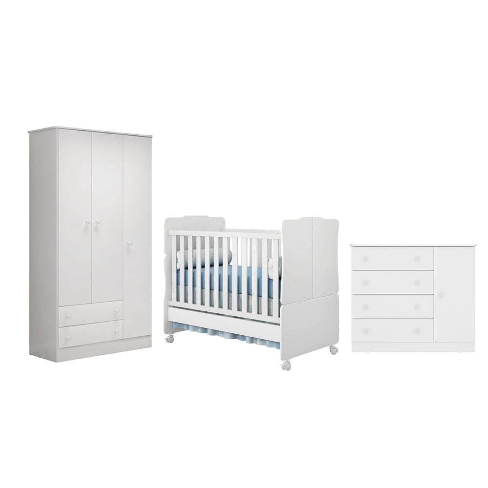 Quarto infantil Guarda Roupa Berço e Cômoda Sapateira Branco