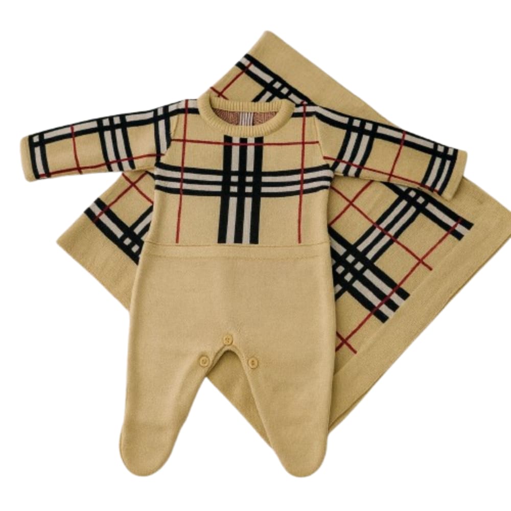 Saída Maternidade Xadrez de Tricot Luxo Bebê Menino e Menina