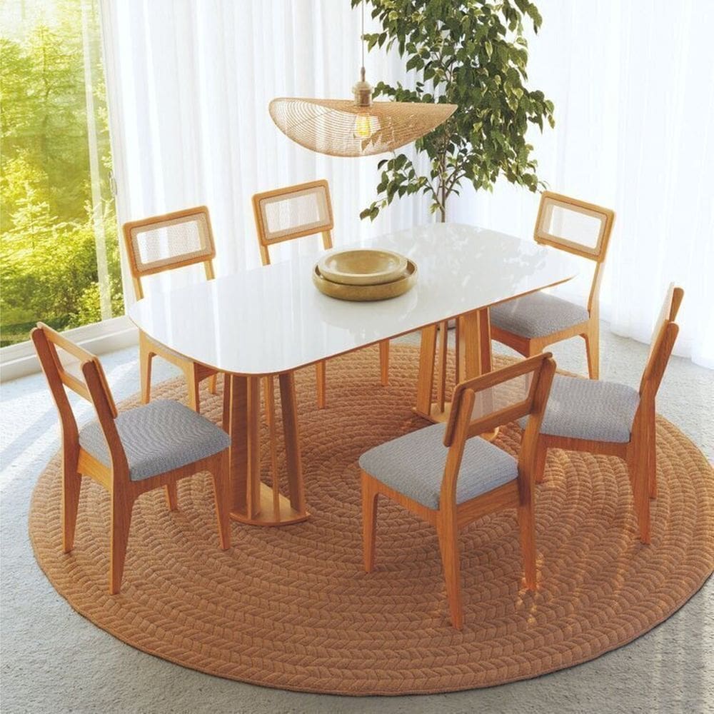 Conjunto de Mesa e 6 Cadeiras Bolonha Off White / Freijó