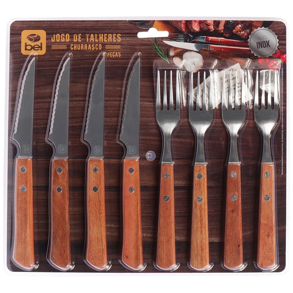 Jogo de Talheres em Inox Cabo de Madeira Para Churrasco 8 Peças BEL