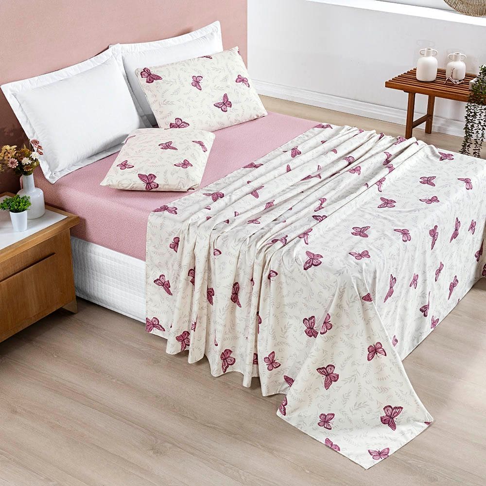 Jogo Cama Lençol Celi Casal Padrão Estampado Micropercal 200 Fios 4 Peças Borboletas Rosê