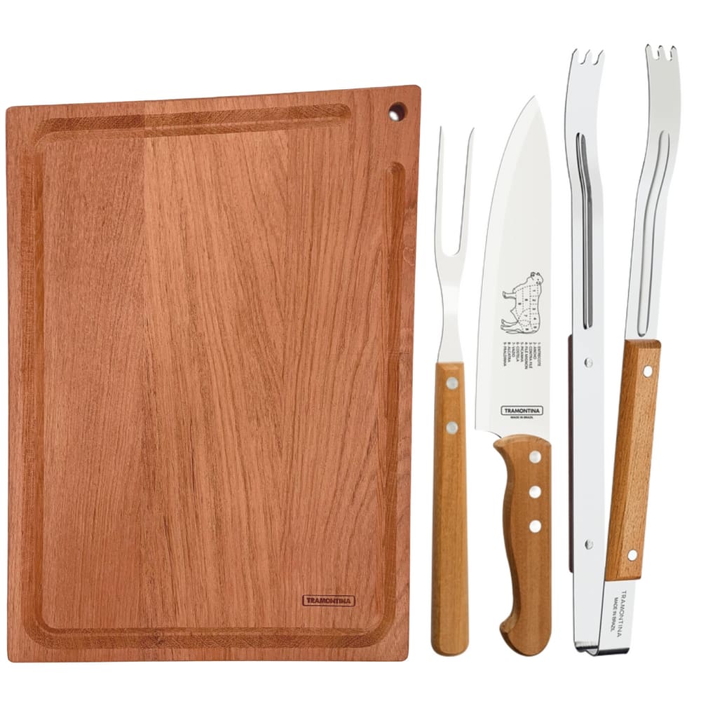 Kit para Churrasco Tramontina com Pegador Faca e Garfo Trinchante + Tabua de Corte 20x33cm