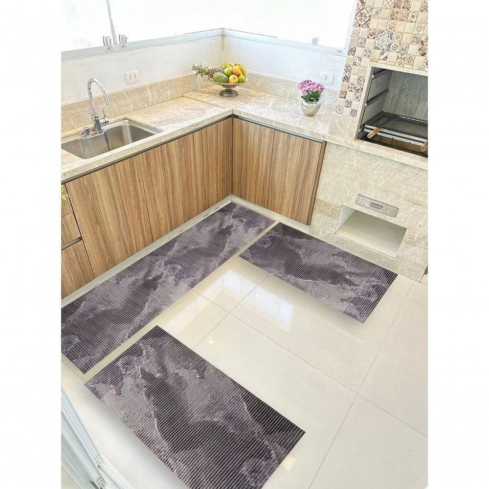 Kit 3 Peças Jogo Cozinha Passadeira Emborrachada Não Derrapa Mármore Preto