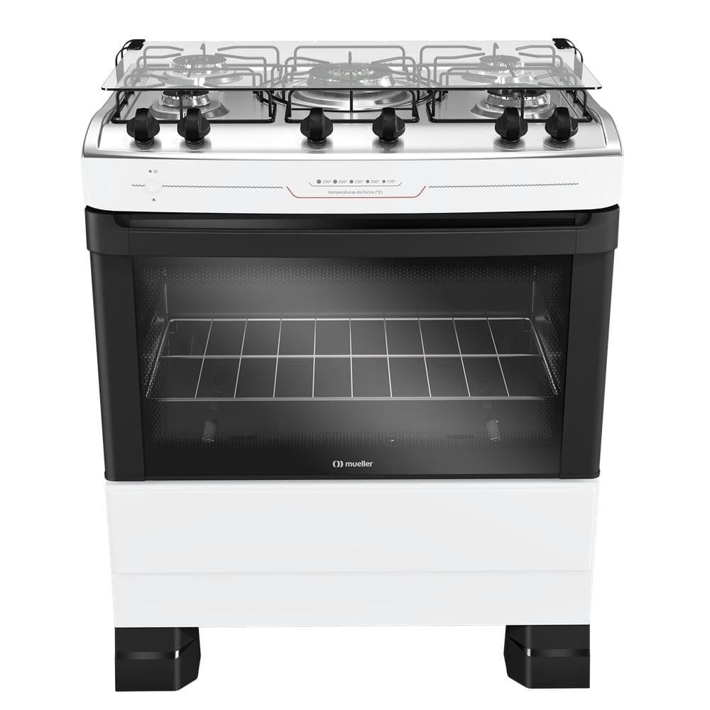 Fogão Mueller 5 Bocas Tripla Chama com Mesa Inox e Acendimento Automático Branco MFI5BF Bivolt