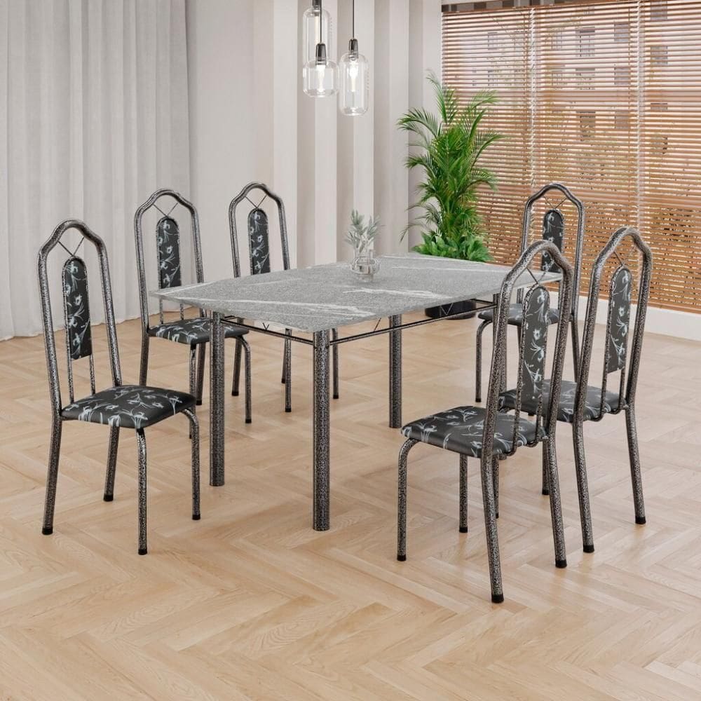 Conjunto De Mesa Tubular 6 Cadeiras 140x75cm Mart Prata Com Tampo Em Granito Topázio Brenda 010 - Tudo De Móveis Arabesco