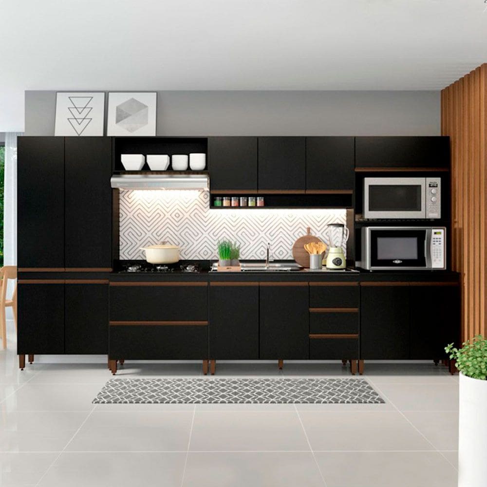 Armário de Cozinha Modulada Completo com Balcão Pia Sabrina 360x202cm 6 Peças MDP Preto Menu Móveis