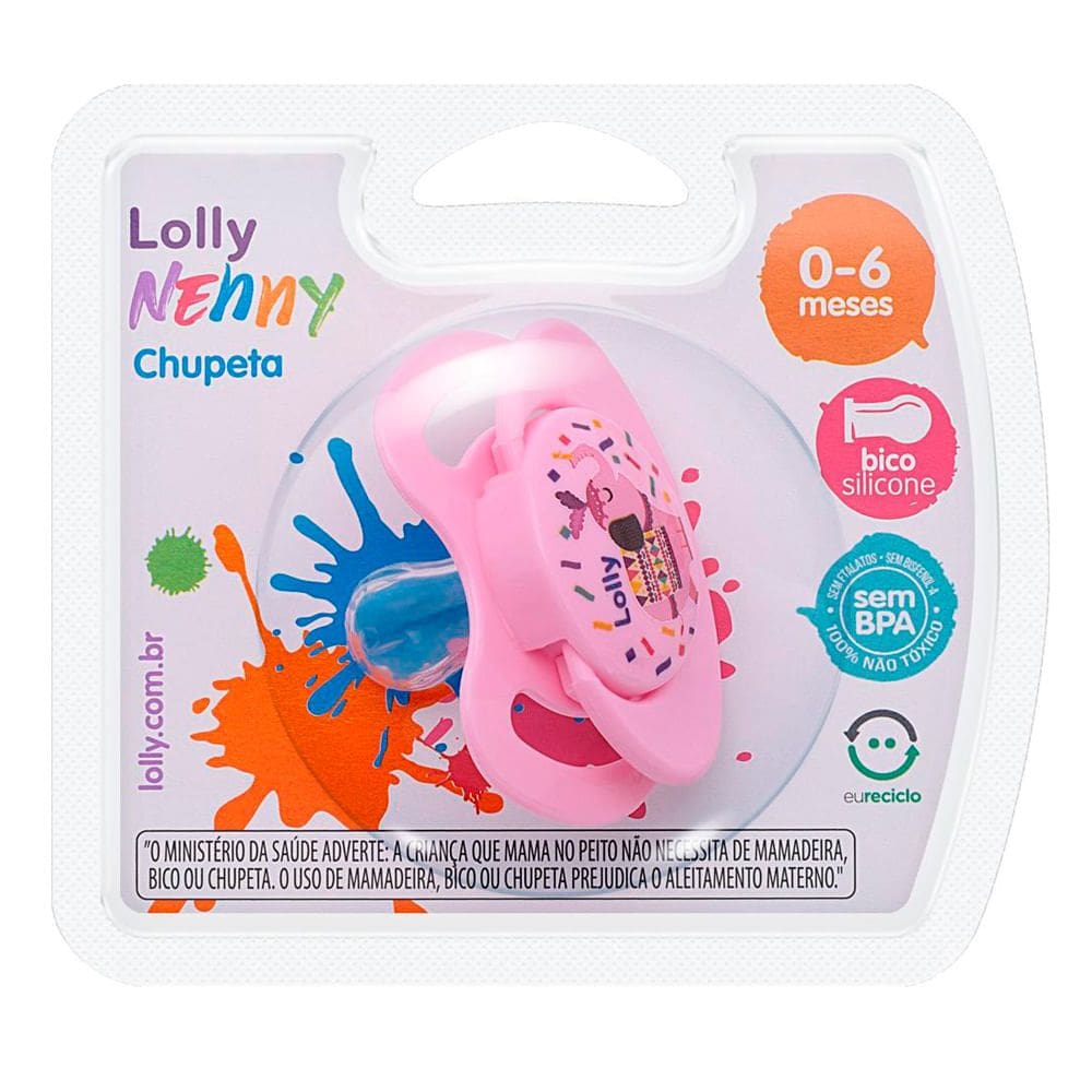 Chupeta Lolly Nenny Bico Silicone 0 a 6 Meses Rosa Estampas 1 Unidade