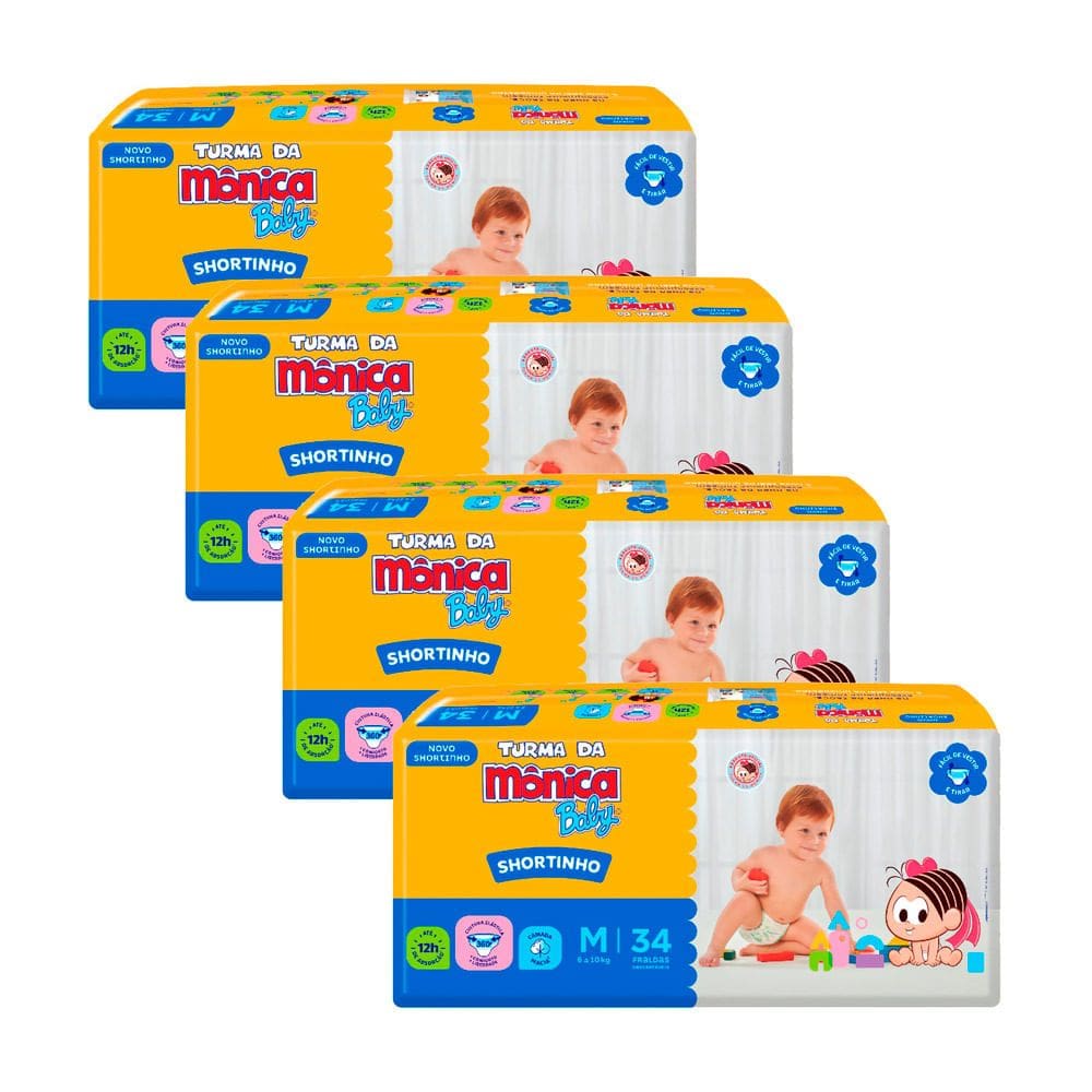 Kit 4 Fralda Shortinho Turma da Mônica Baby Tamanho M com 34 Fraldas Descartáveis