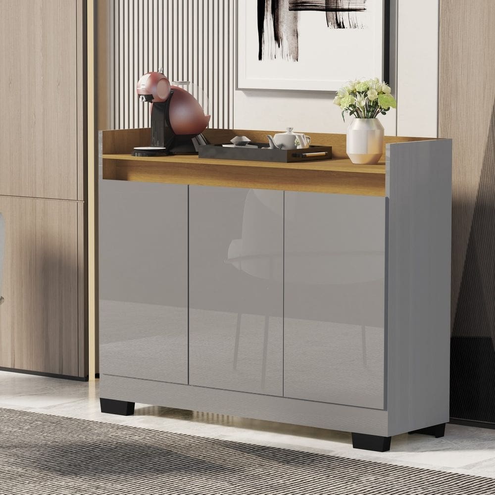 Rack Aparador Escritório Hall De Entrada Cantinho De Café Retro Modelo Real 3 Portas freijó cinza