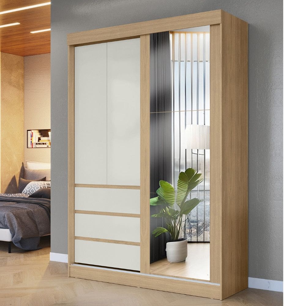 Guarda Roupa Solteiro com Espelho 3 Portas 3 Gavetas em MDF Bagdá Visão Móveis