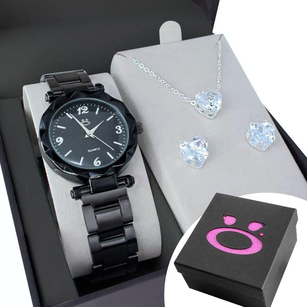 Relogio Feminino Preto Aço + Caixa Social Garantia autêntico Presente Inoxidável Black Piano Delicado