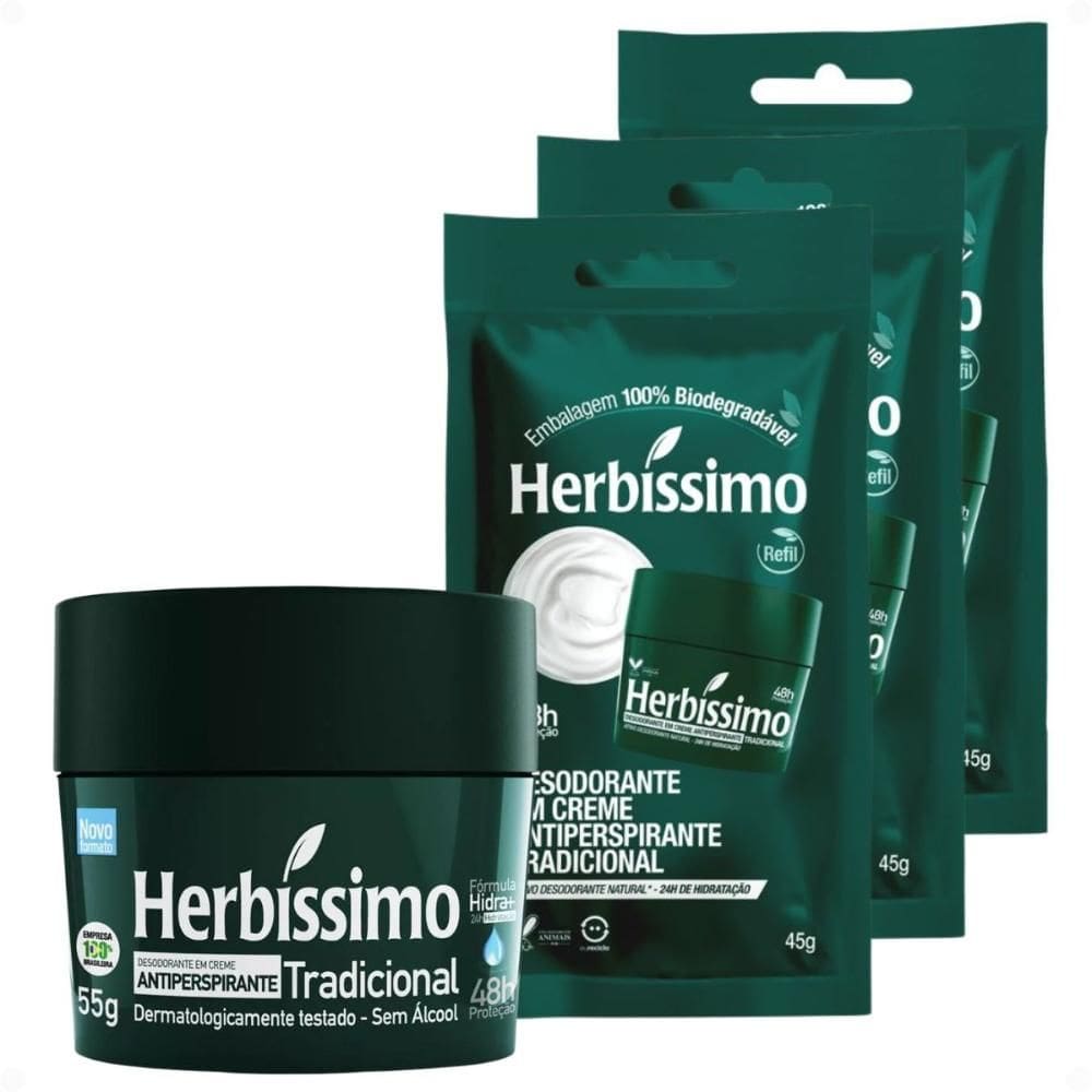 Kit Herbíssimo Desodorante Creme Antiperspirante Tradicional 55g + 3 Refis 45g