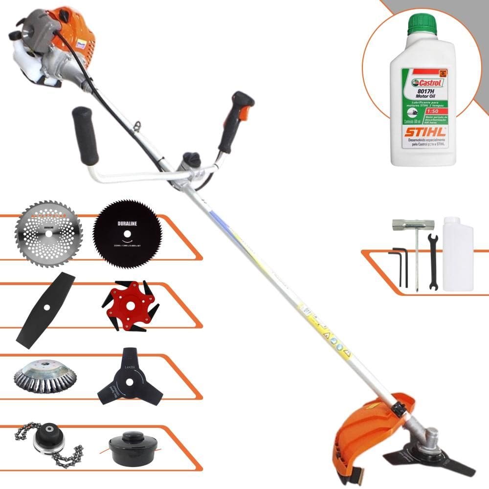 Roçadeira Vulcan VR430P À Gasolina 43cc 1,7HP Alta Rotação C/ Guidão Antivibração Carretel de Nylon + Kit 7 Opções de Cortes + ÓLEO STIHL