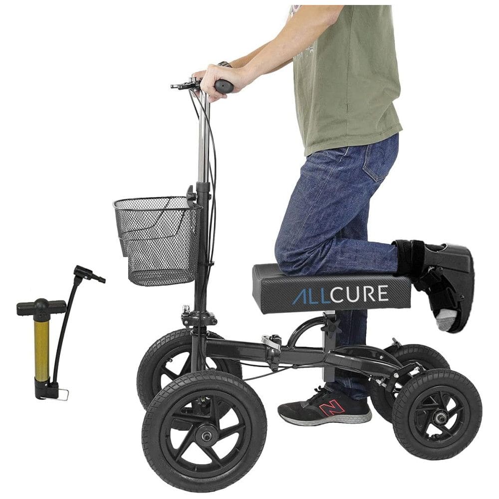 Andador 4 Rodas Dobrável com Cesta e Apoio para Joelho Ideal para Lesões Suporta 136kg, ALLCURE, Preto