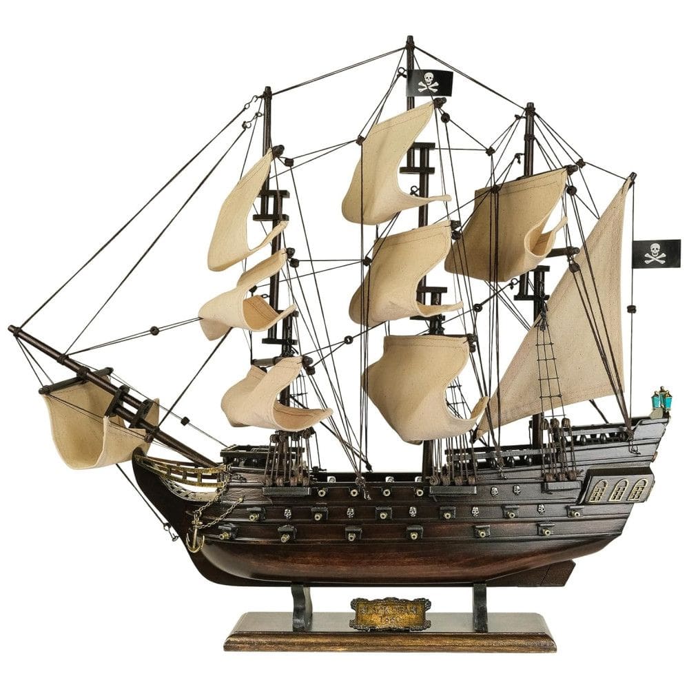 Barco Decorativo Pérola Negra de Madeira, Escala 1:190 com Acabamento em Nogueira Antigo e Velas Bege, HOME DECOR SAILINGSTORY
