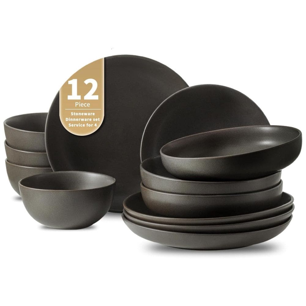 Aparelho de Jantar de Cerâmica Tikooere para 4 Pessoas, Acabamento Fosco Preto, Resistente a Riscos, Pode ir ao Micro-ondas,Tikooere