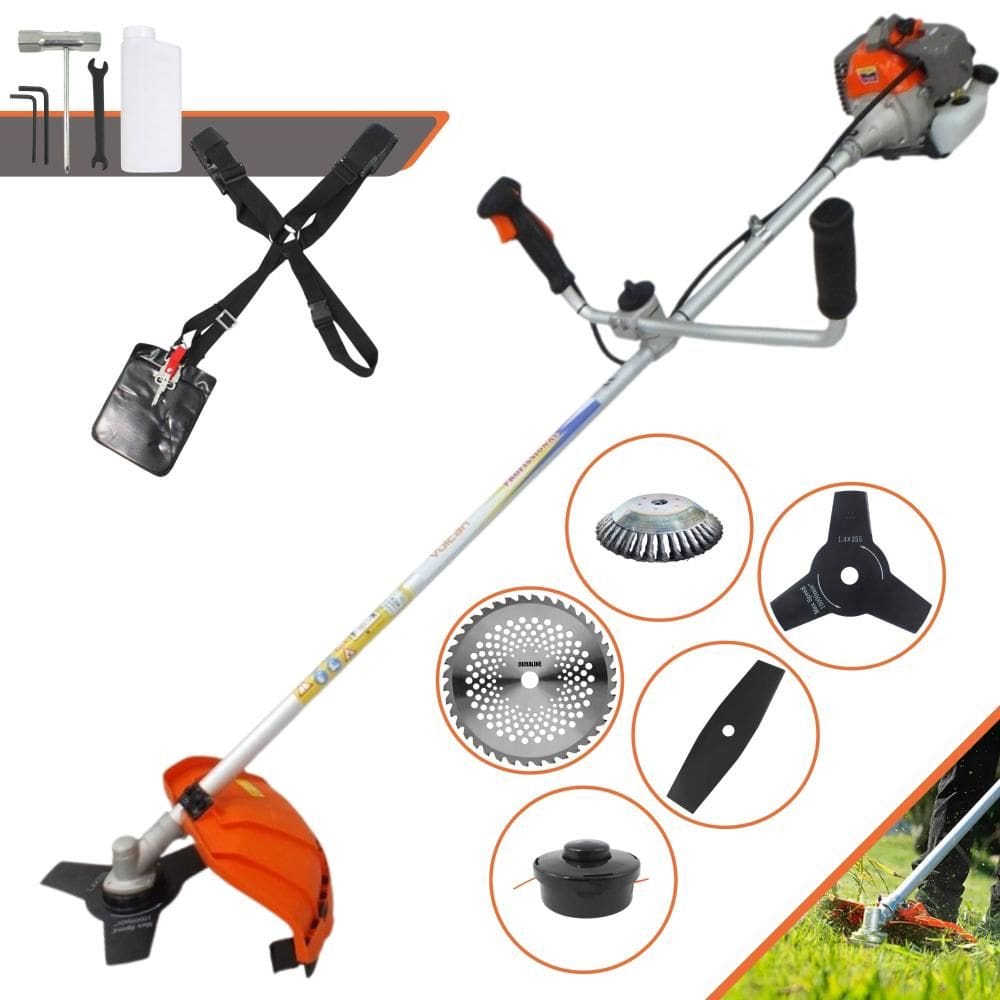 Roçadeira Vulcan VR330P À Gasolina 2T 33cc 1,2HP Com Carretel Nylon + Faca 2 Pontas + Faca 3 Pontas + Faca 40 Dentes Vídea + Escova de Aço Giratória
