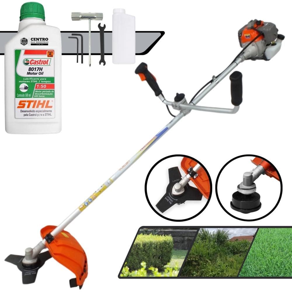 Roçadeira Multifunções Vulcan VR330-P 33cc 1,2HP de Potência Aparador de Grama Com Guidão Anti-Vibração Carretel + Lâmina 3 Pontas + ÓLEO STIHL 2T