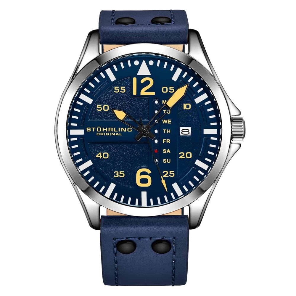 Relgio Aeronaut 3916 Aviador de 43 mm, Mostrador Azul com Detalhes Prateados e Pulseira de Couro Azul - Stuhrling