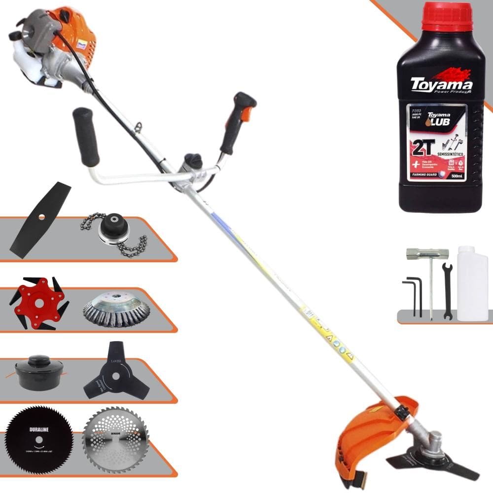 Roçadeira Multifuncional Vulcan VR430P À Gasolina 2T 43cc 1,7HP de Potência Alta Rotação Com Carretel de Nylon + Kit 7 Lâminas Extras + ÓLEO TOYAMA