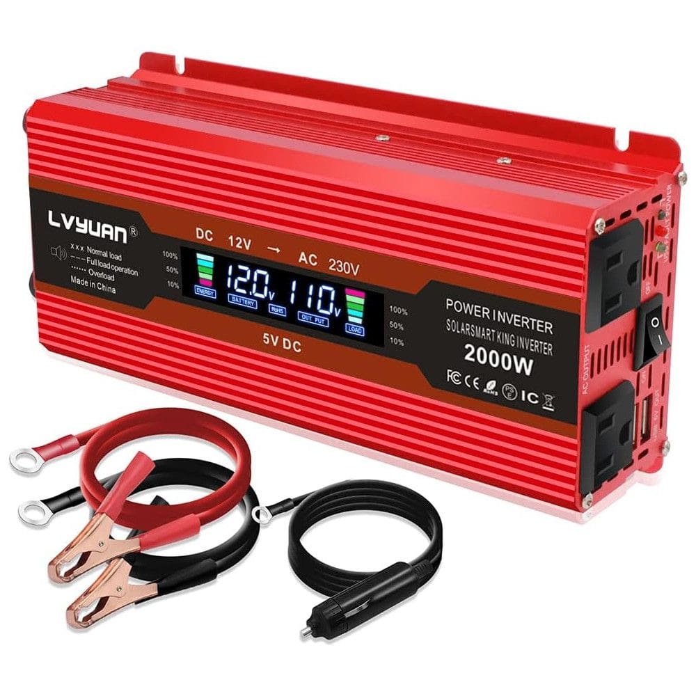Inversor de Potência Automotivo 2000W, com Display Digital e Tomadas e USB Duplos, IPOWERBINGO 1000W inverter, Vermelho