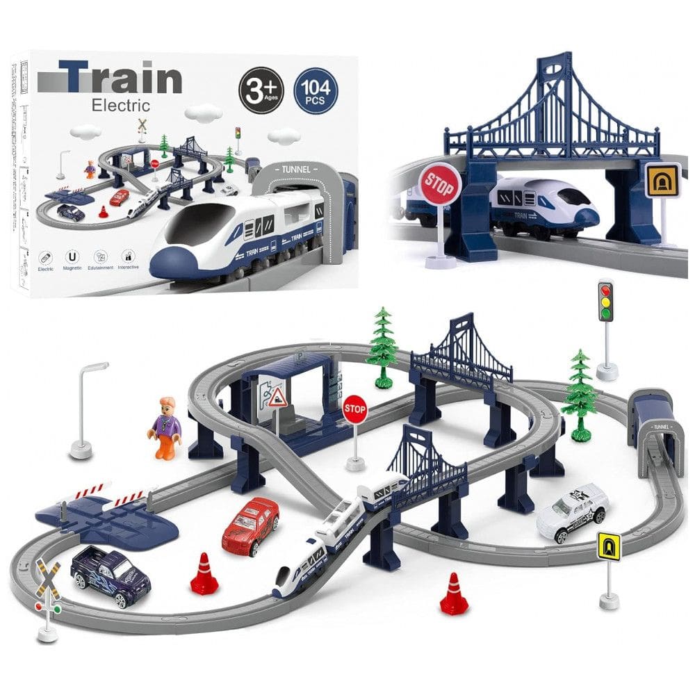 Conjunto de Trenzinho de Brinquedo com 104 Peças e Trilhos Conexão Magnética para Crianças de 3 a 7 anos, Wdmiya, Azul