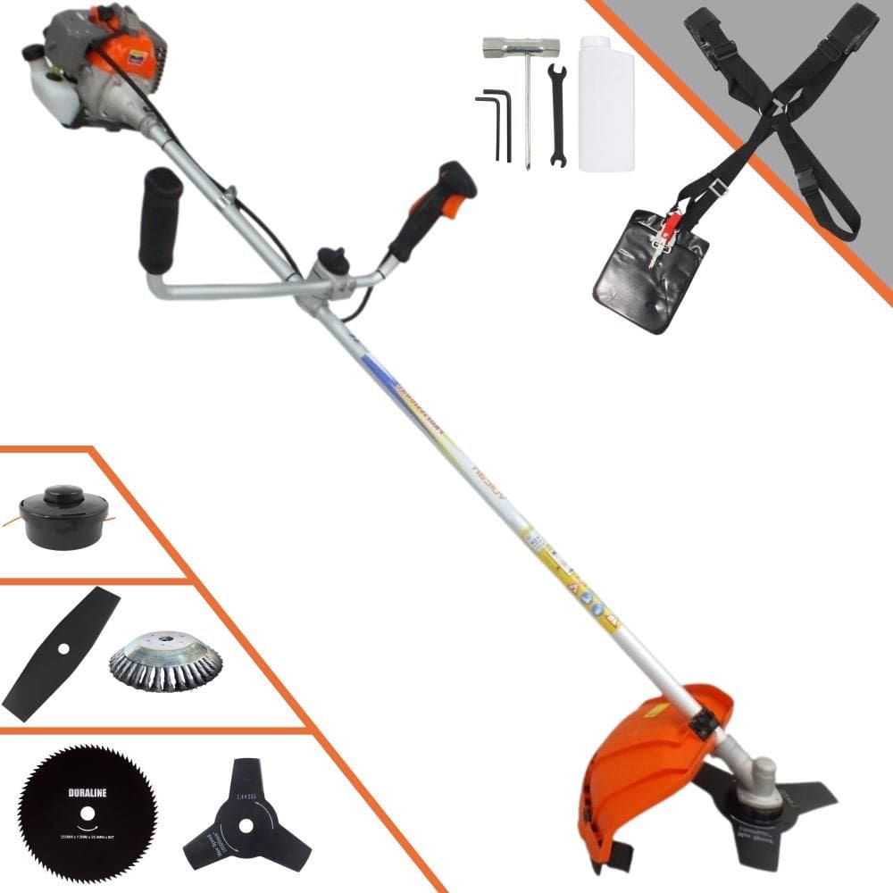 Roçadeira À Gasolina Vulcan VR330P 2T 33cc 10000rpm 1,2HP 5 Opções de Corte Com Facas 2 Pontas, 3 Pontas, 80 Dentes, Escova de Aço e Carretel de Nylon