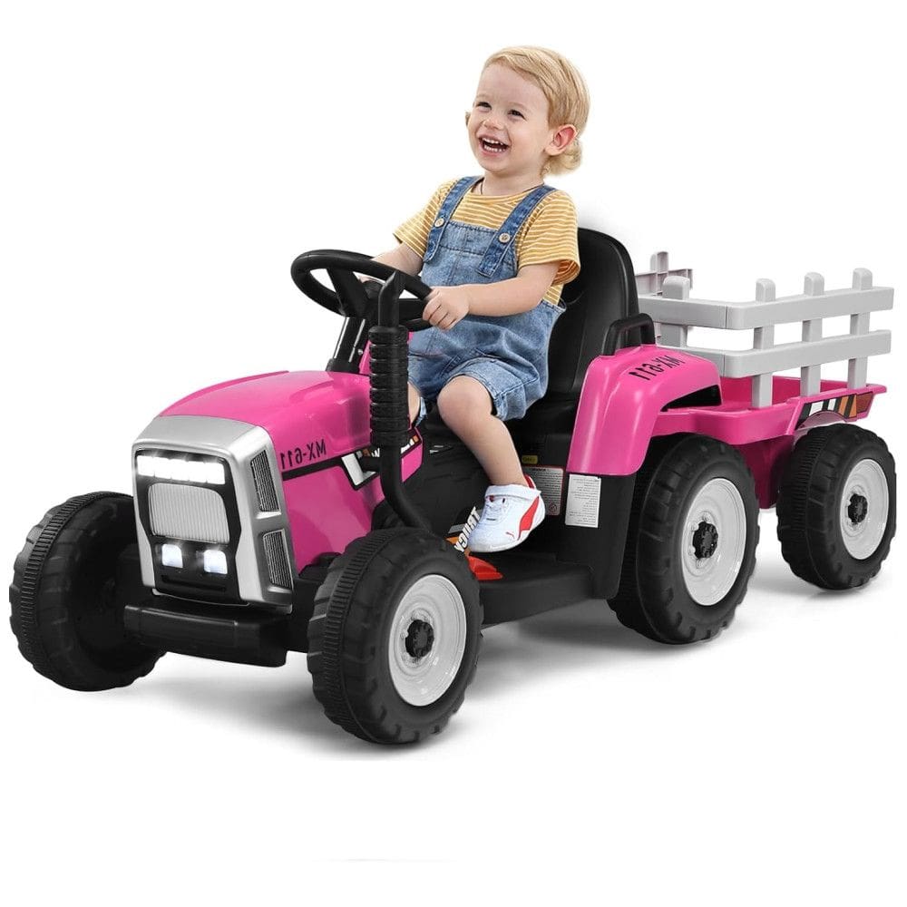 Trator Elétrico Infantil 2 em 1 com Reboque, Controle Remoto, Câmbio de 3 Marchas, Música, USB e Bluetooth, 12V, Olakids, Rosa