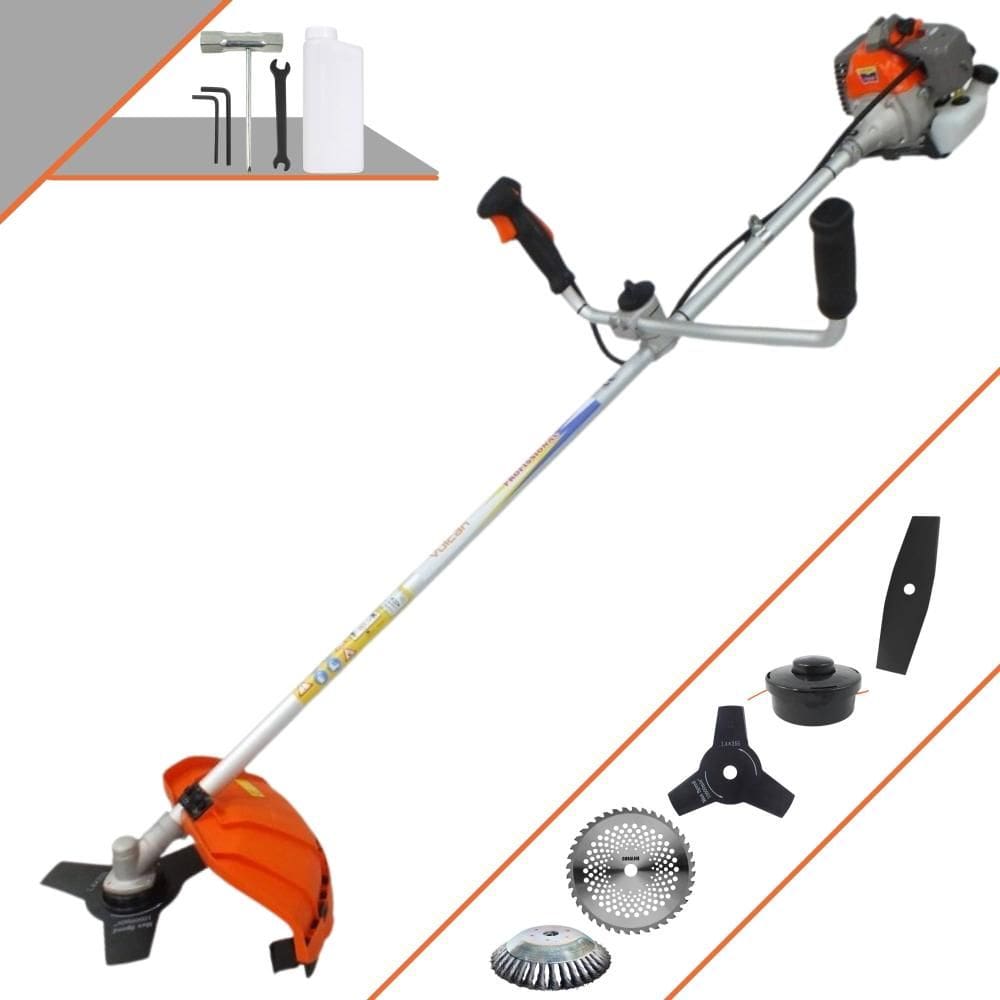 Roçadeira Robusta Vulcan VR330-P À Gasolina 2T 33cc 10000rpm 1,2HP C/ Guidão Antivibração Kit 3 Lâminas de Corte, Carretel de Nylon e Escova 38 Cerdas