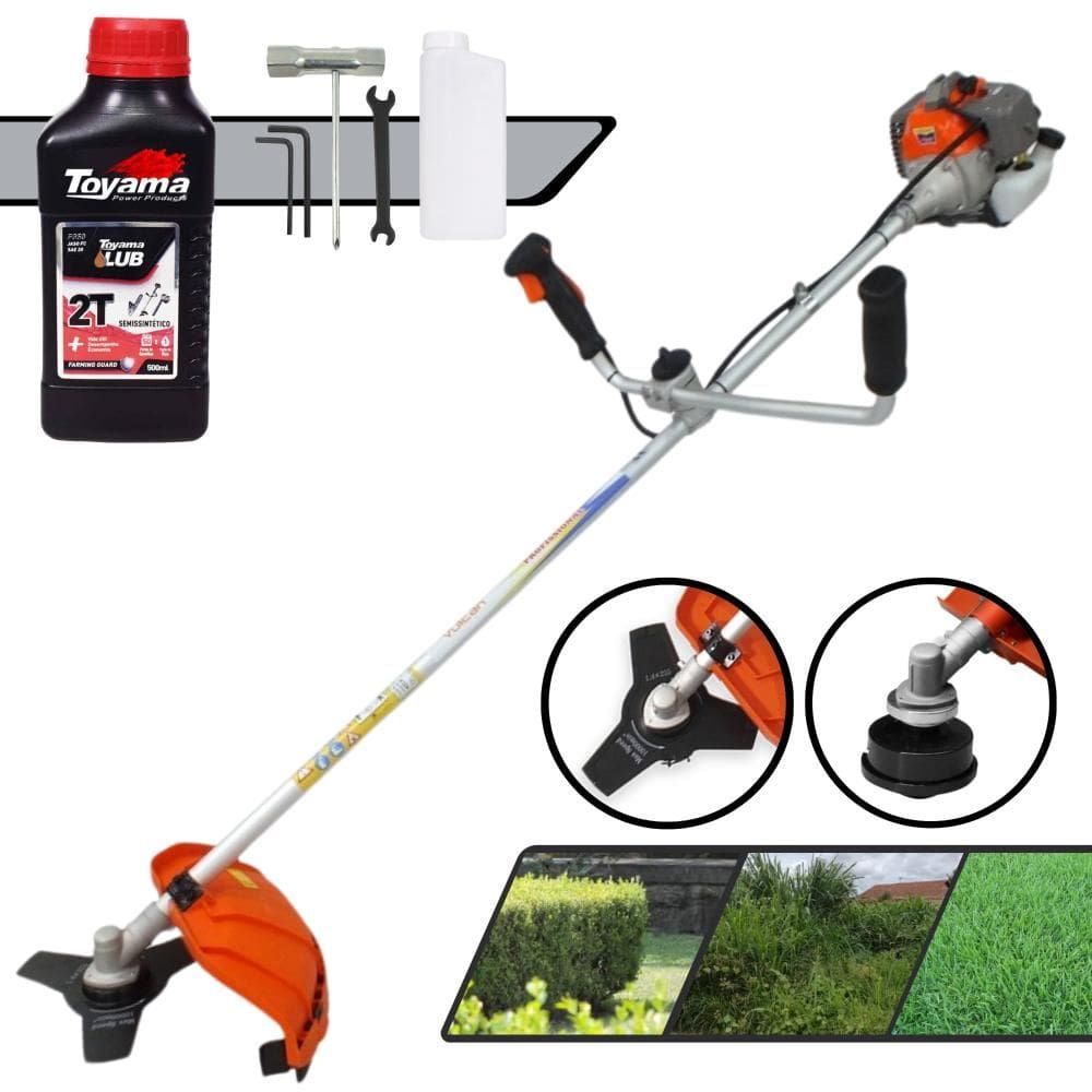 Roçadeira  Vulcan VR330-P 33cc 1,2HP de Potência Aparador de Grama Completo Com Cabeçote de Nylon + Lâmina 3 Pontas + ÓLEO TOYAMA 2 Tempos
