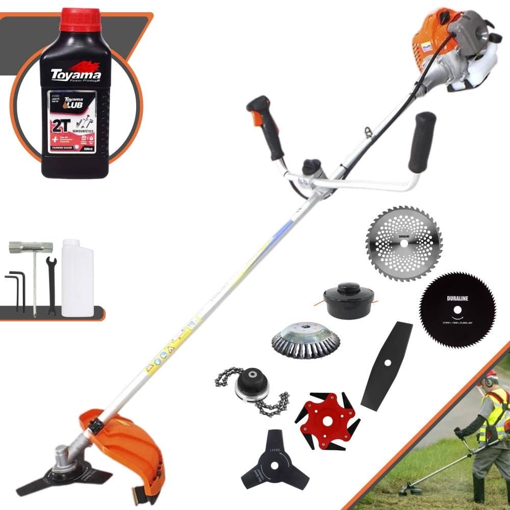 Roçadeira Vulcan VR430P 43cc 1,7HP Com Carretel + Lâminas 2 Pontas, 3 Pontas, 6 Pontas, 40 Dentes, 80 Dentes, Trimmer e Escova de Aço + ÓLEO TOYAMA