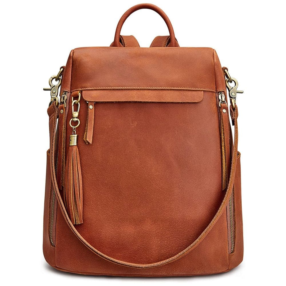 Mochila Feminina de Couro Vintage, S ZONE, Marrom Conhaque