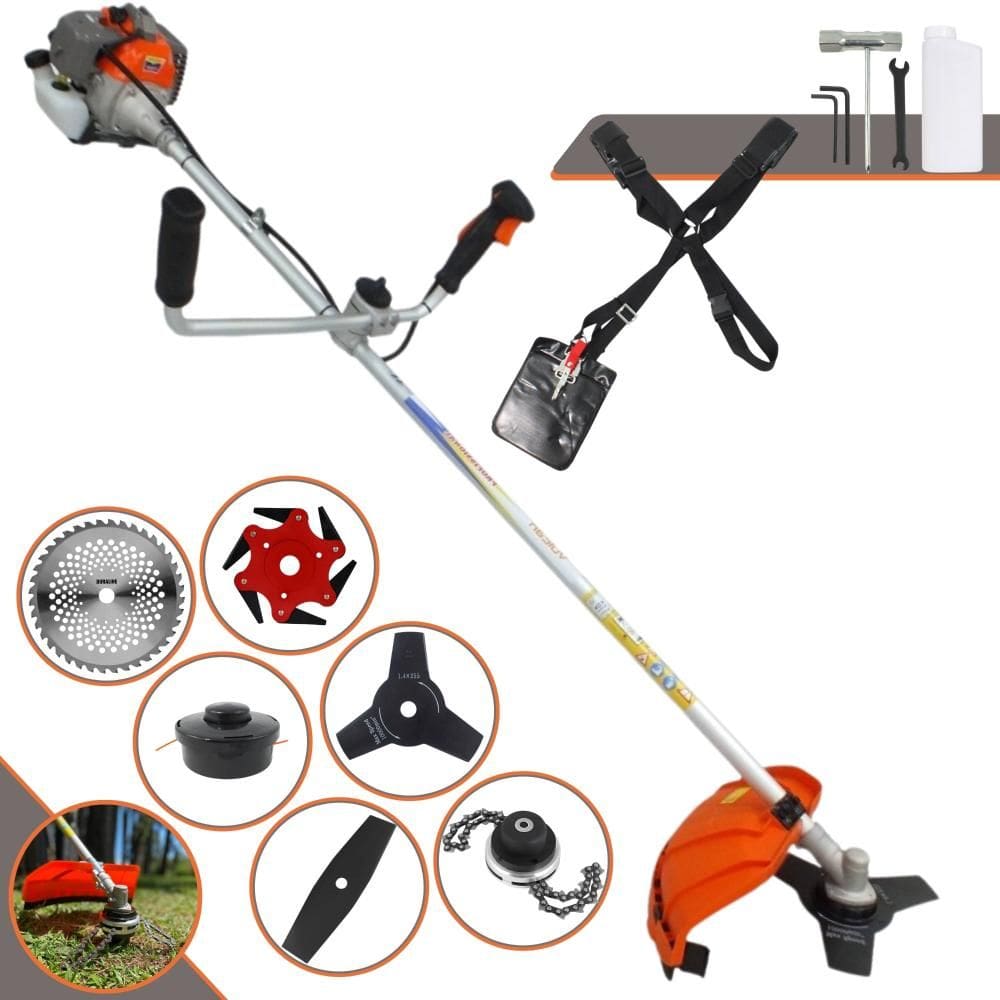 Roçadeira Vulcan VR330P À Gasolina 1,2HP 33cc C/ Guidão Antivibração Lâmina Facão + Lâmina 3 Pontas + Lâmina 6 Pontas + 40 Dentes + Trimmer + Carretel