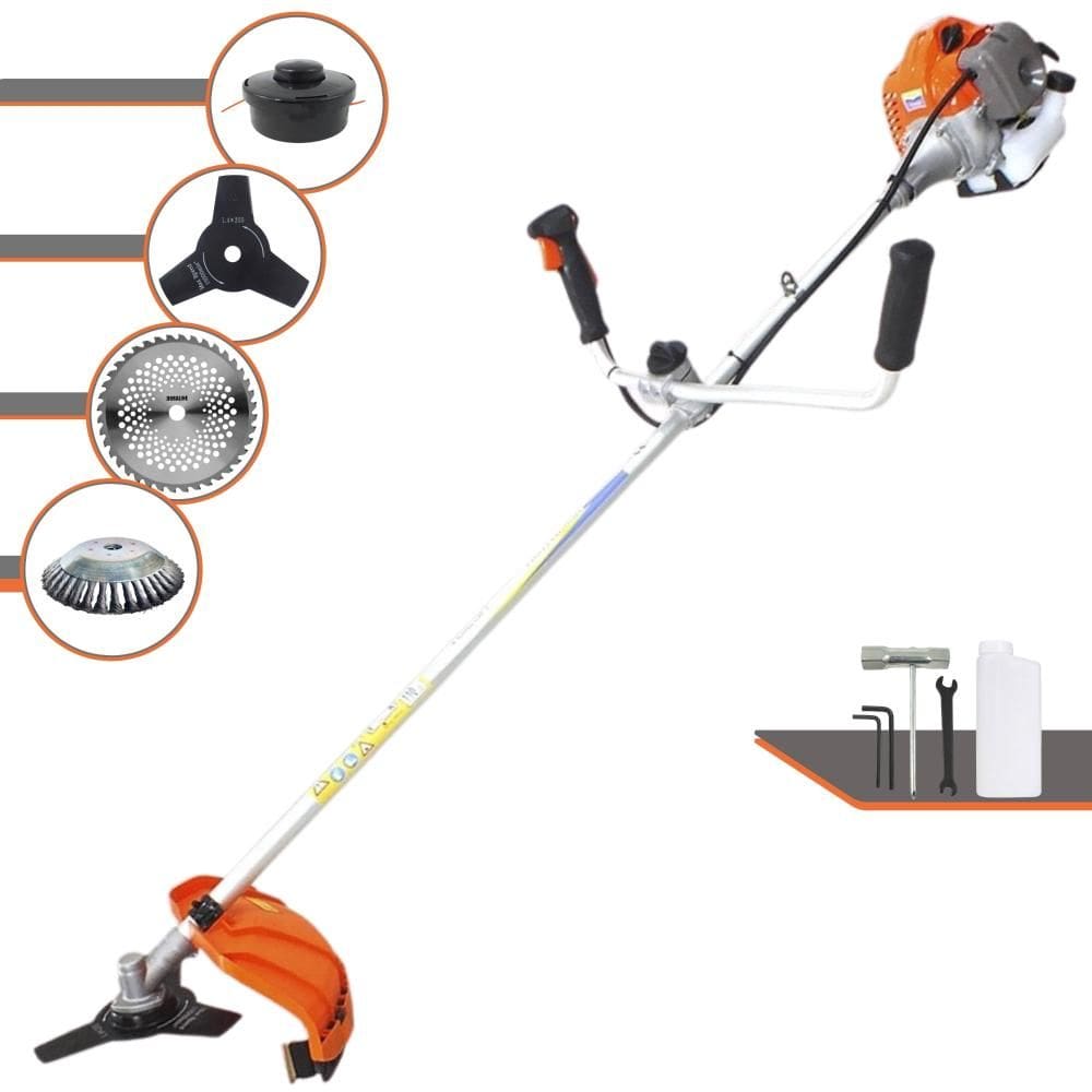 Roçadeira Vulcan VR430P À Gasolina 43cc 1,7HP 10.000rpm Com Guidão Anti-Vibração Carretel de Nylon + Faca 3 Pontas + Faca 40 Dentes + Escova de Aço