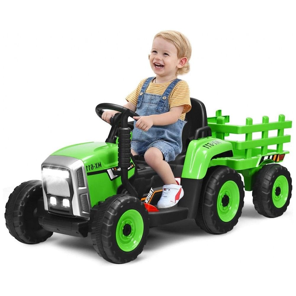 Trator Elétrico Infantil 2 em 1 com Reboque, Controle Remoto, Câmbio de 3 Marchas, Música, USB e Bluetooth, 12V, Olakids, Verde