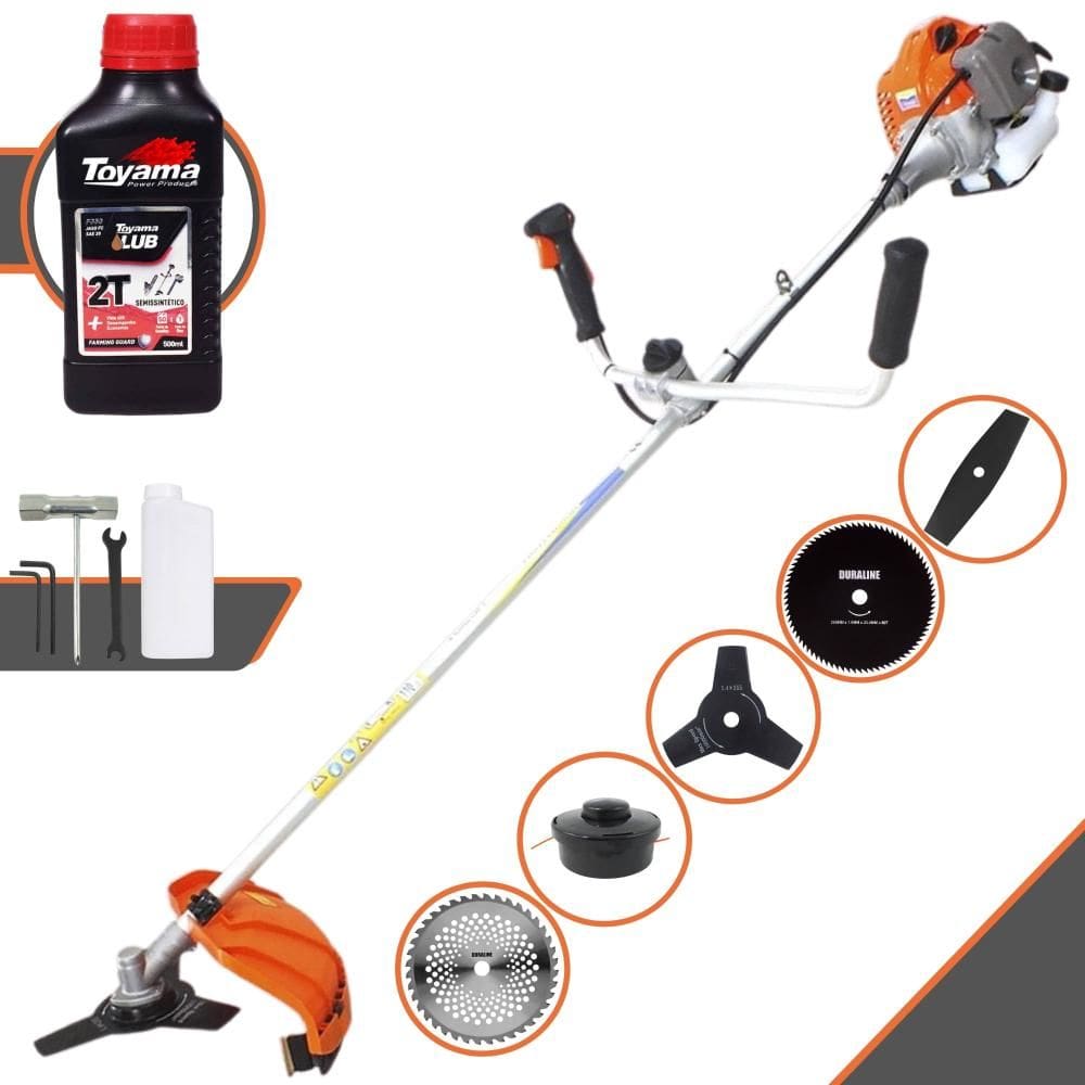 Roçadeira Multifuncional Vulcan VR430P À Gasolina 43cc 1,7HP 10000rpm C/ Guidão Antivibração Carretel de Nylon + Kit 4 Lâminas de Corte + ÓLEO TOYAMA