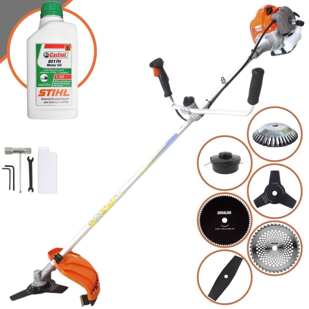 Roçadeira Podador de Grama Vulcan VP430-P À Gasolina 43cc 1,7HP Com 6 Opções de Cortes, Carretel Nylon + Kit 4 Facas + Escova de Aço + ÓLEO STIHL 2T