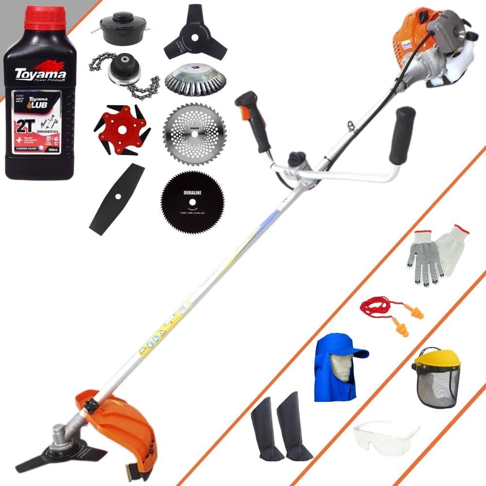 Roçadeira Vulcan VR430-P 43cc 1,7HP + Facas 2 Pontas, 3 Pontas, 6 Pontas, 40 Dentes de Vídea, 80 Dentes, Trimmer e Escova de Aço + EPI + ÓLEO TOYAMA