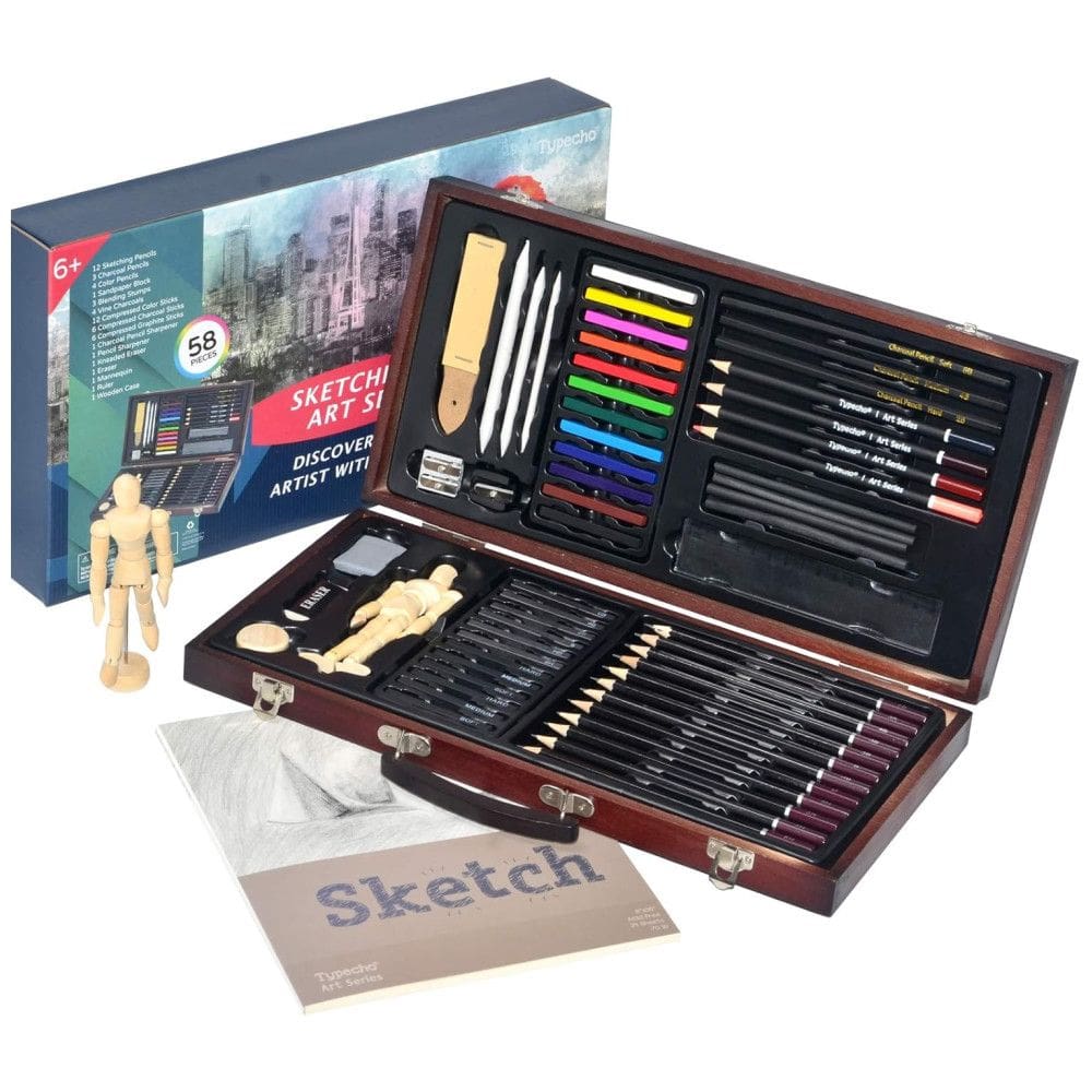 Kit Lápis de Cor  com Maleta de Madeira 58 peças Tintas Acrílicas, Aquarela, TYPECHO 44main, Marrom