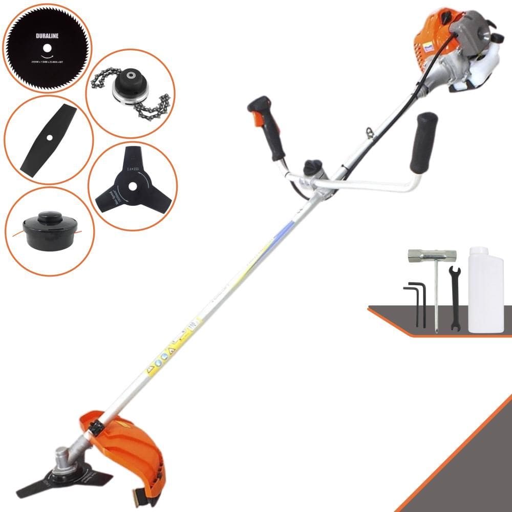 Roçadeira Vulcan VR430-P 2T 43cc 10.000rpm 1,7HP Com Guidão Anti-Vibração Carretel de Nylon e Faca 3 Pontas + Faca 2 Pontas + Faca 80 Dentes + Trimmer