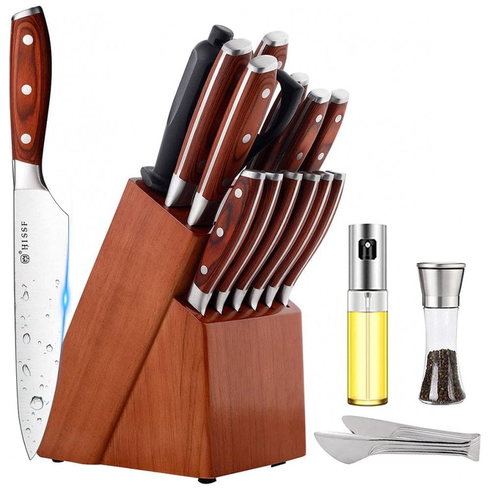 Conjunto de Facas em Aço Inoxidável de Alto Carbono com Bloco de Bancada, 18 Peças, HISSF, Marrom