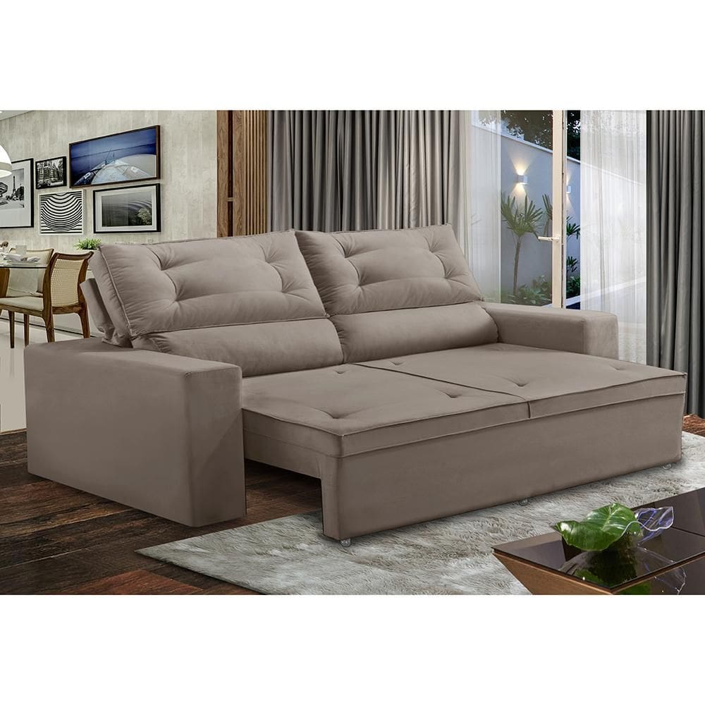 Sofá Retrátil e Reclinável 3 lugares com Molas 1,80m Laisa Suede Capuccino Madelina Decor