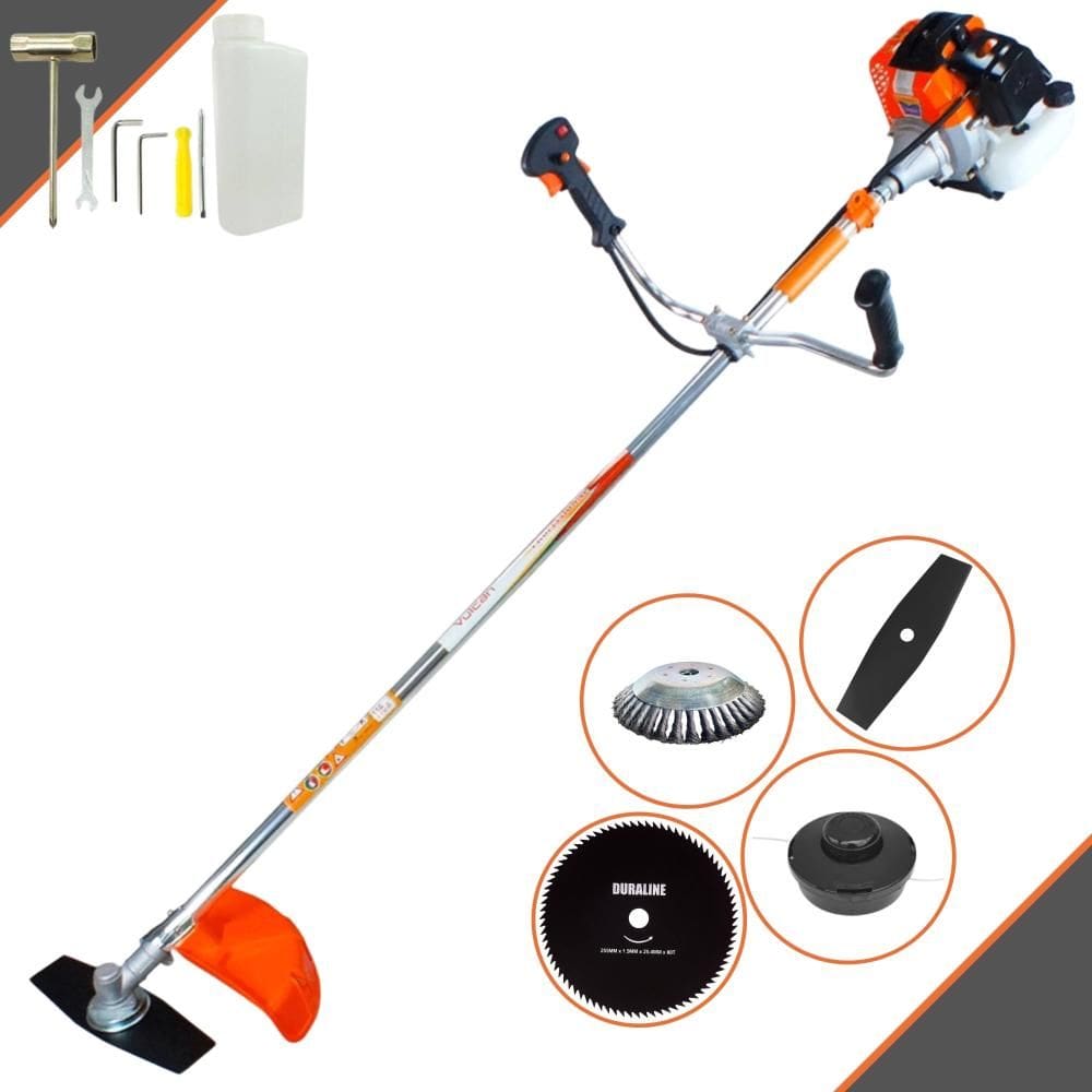 Roçadeira À Gasolina Vulcan VR430S 43cc 1,7HP Alta Rotação Com 4 Opções de Corte Com Carretel Nylon + Faca 2 Pontas + Faca 80 Dentes + Escova de Aço