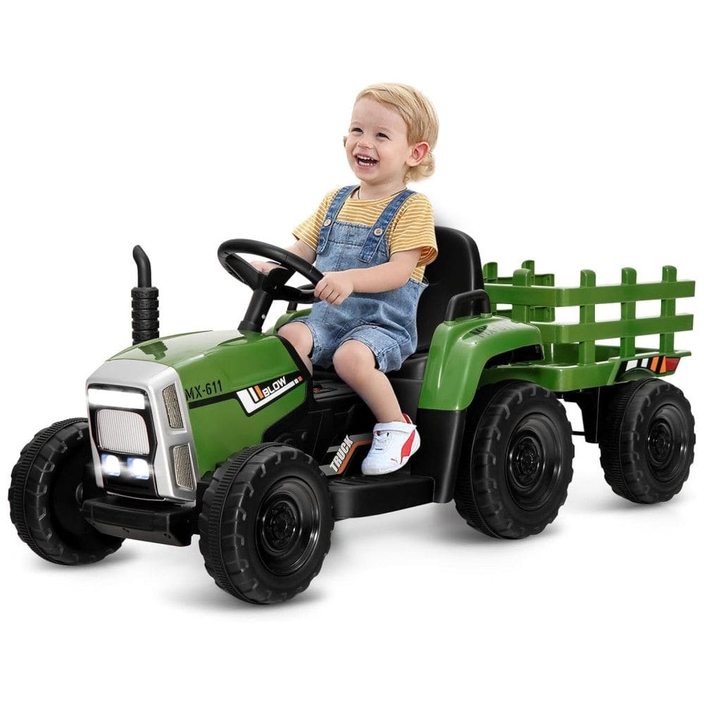 Trator Elétrico Infantil 2 em 1 com Reboque, Controle Remoto, Câmbio de 3 Marchas, Música, USB e Bluetooth, 12V, Olakids, Verde Escuro